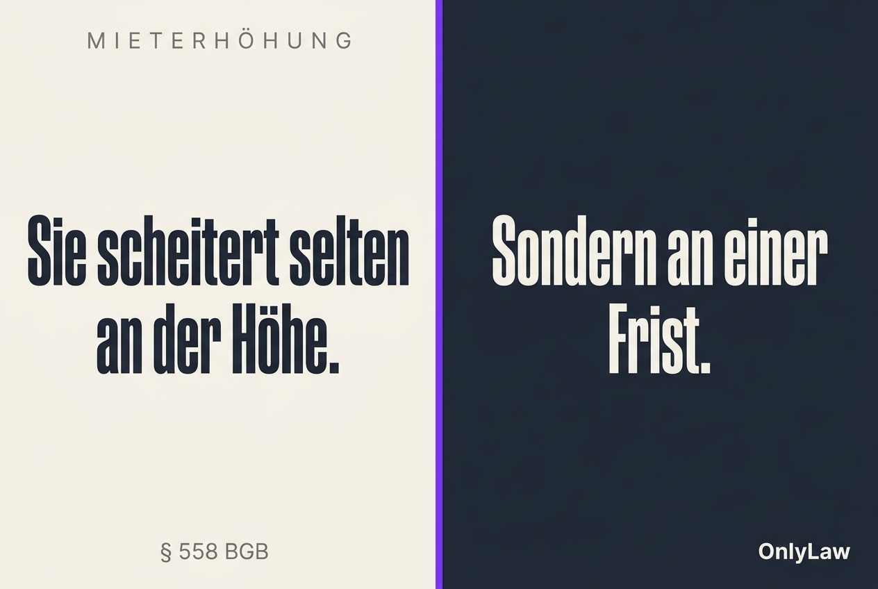 Bild KI-generiert. Zweigeteilte Grafik. Links auf hellem Grund die Kopfzeile „MIETERHÖHUNG" und darunter „Sie scheitert selten an der Höhe.", rechts auf dunklem Grund „Sondern an einer Frist.", unten links die Fundstelle § 558 BGB, unten rechts die Wortmarke OnlyLaw.