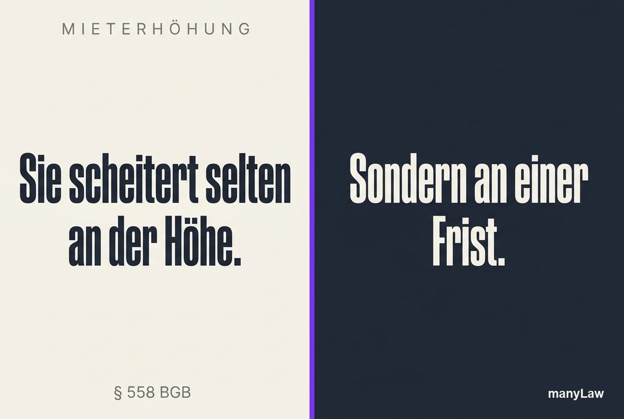 Bild KI-generiert. Zweigeteilte Grafik. Links auf hellem Grund die Kopfzeile „MIETERHÖHUNG" und darunter „Sie scheitert selten an der Höhe.", rechts auf dunklem Grund „Sondern an einer Frist.", unten links die Fundstelle § 558 BGB, unten rechts die Wortmarke manyLaw.